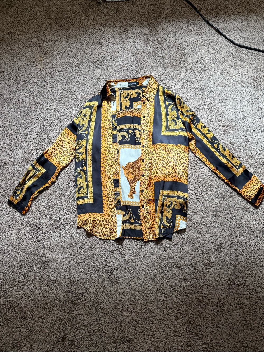 PrettyLittleThing Gold and Black Leopard Print Button Down Shirt